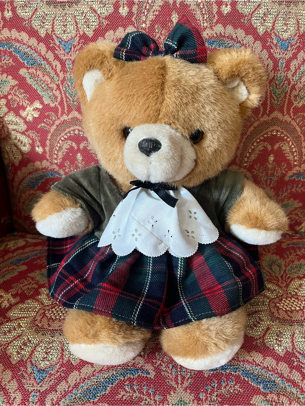 Harrods Plaid Bow Teddy Bear in Tan, Green, Red